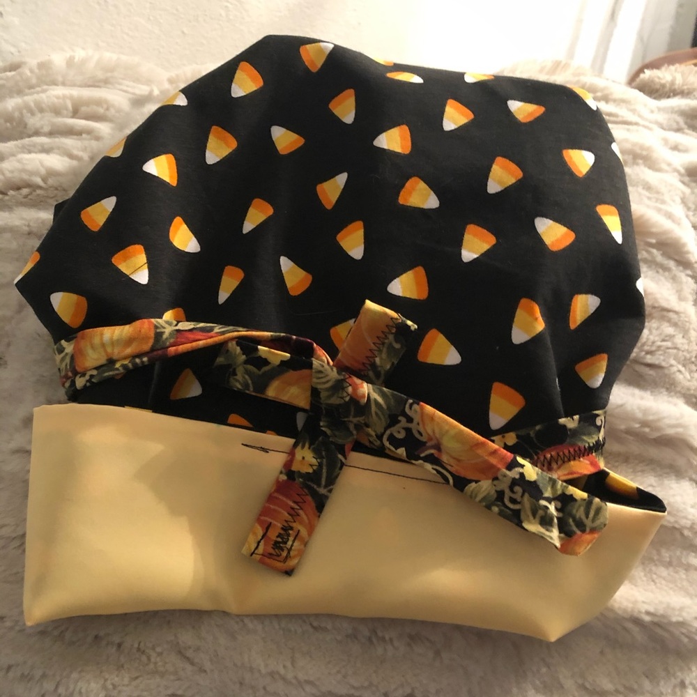 Satin lined halloween scub cap/ sleep bonnet.